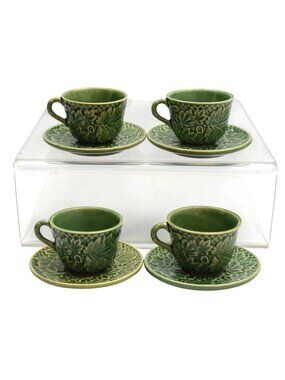 4 Vintage Bordallo Pinheiro Green Grape Leaf Vine Demitasse Espresso Cup Saucer
